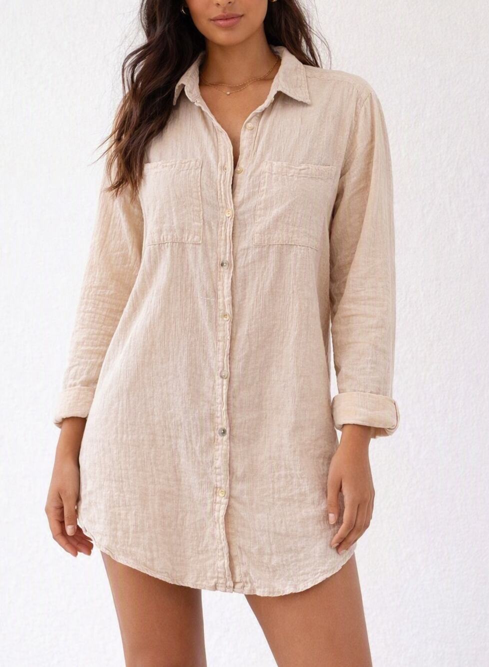 Blanco by Nature Cotton Long Sleeve Button Down Shirt Dress Beige Tan XL